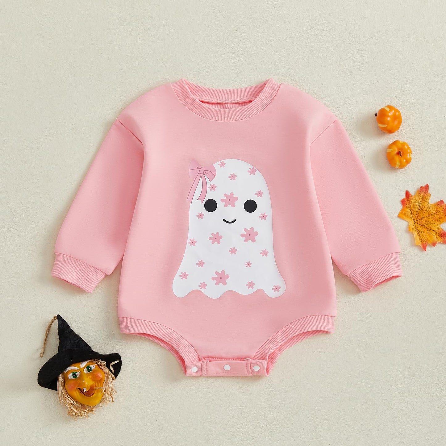Newborn Boy Girl Halloween Outfit Flower Ghost Print Bodysuit Bow Sweatshirt Romper Halloween Clothes