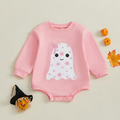 Newborn Boy Girl Halloween Outfit Flower Ghost Print Bodysuit Bow Sweatshirt Romper Halloween Clothes