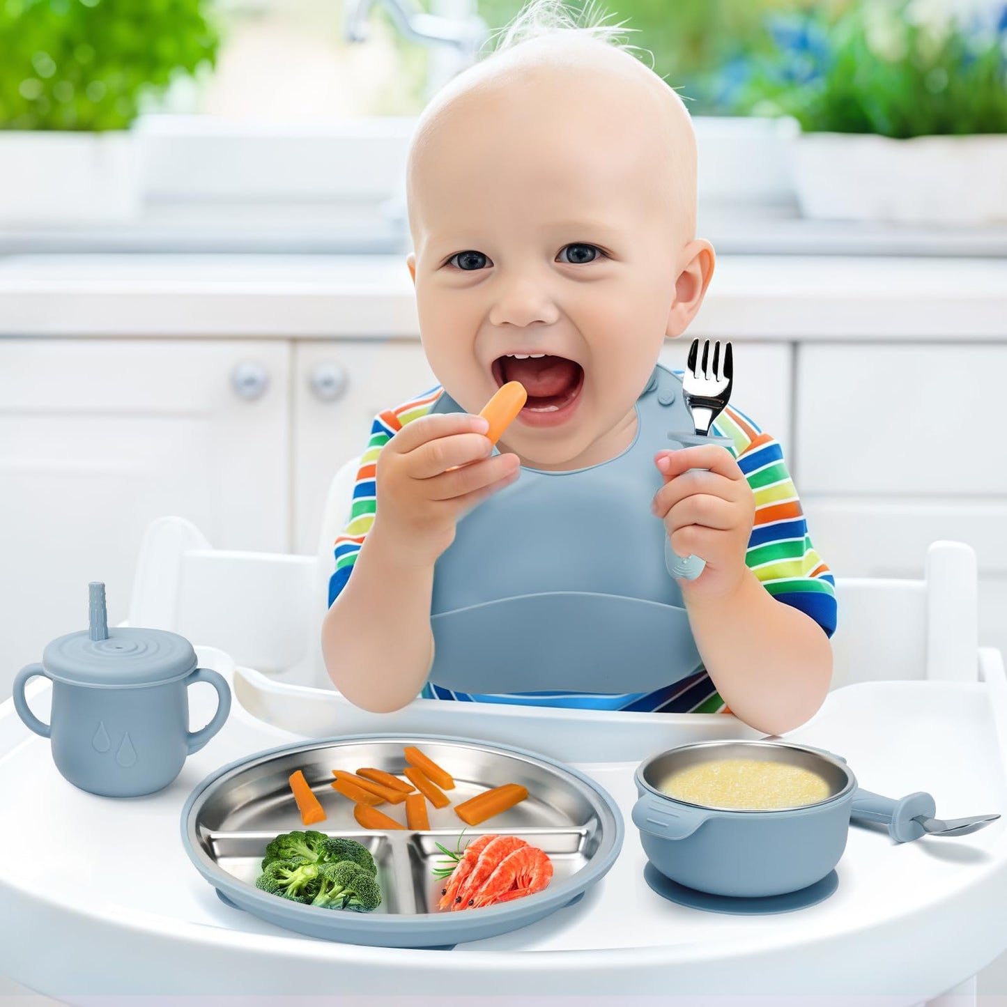 Baby Weaning Bundle, Silicone Baby Feeding Set, Comes with Detachable Silicone Stainless Steel Toddlers Plate and Bowl set, Baby Bib and 2-in-1 Water Cup and spoons (Blue)