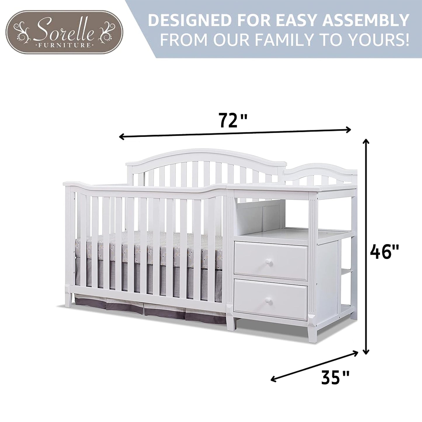 SORELLE FURNITURE Berkley Crib and Changer with Slat Panel Back Classic -in- Convertible Diaper Changing Table Non-Toxic Finish Wooden Baby Bed Toddler Childs Daybed Full-Size Nursery - White