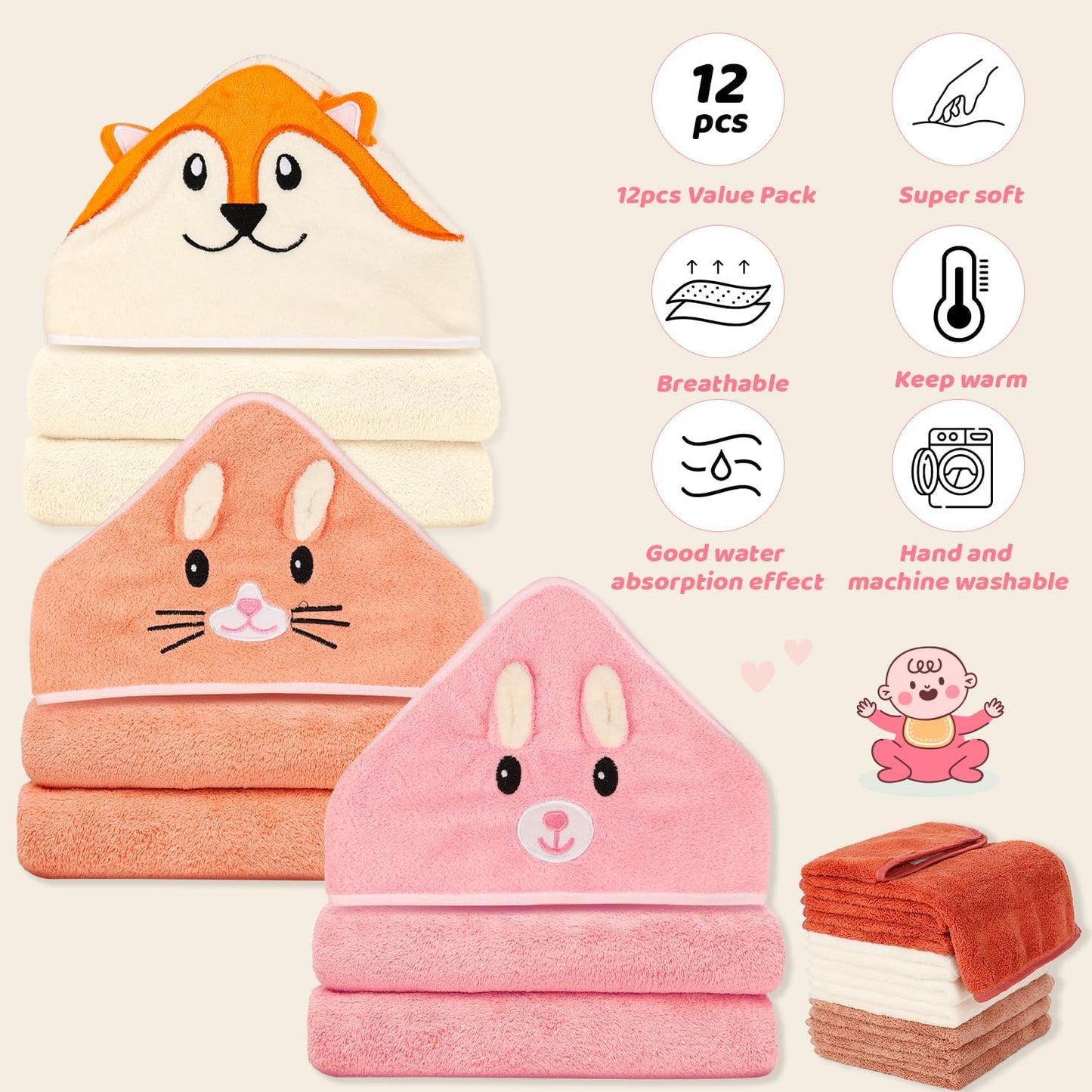 31x31 Inch Baby Hooded Towels, 12Pcs Bath Towels for Girls, Washcloth Set with Cute Design, Shower Towel Gift for Newborns, Infants and Toddlers