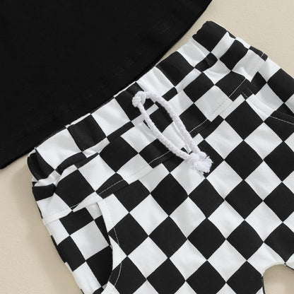 Toddler Baby Boy Summer Clothes Set Short Sleeve Checkered Tops & Shorts Novelty Color Block Outfits
