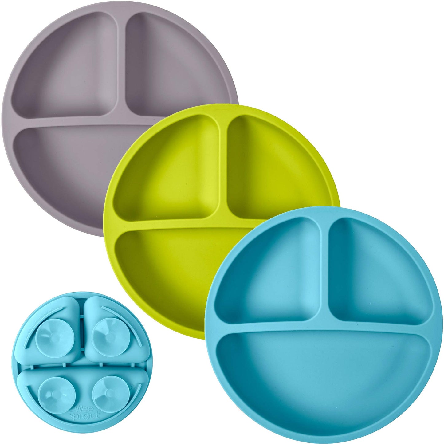 WeeSprout Suction Plates with Lids for Babies & Toddlers - 100% Silicone, Dinnerware Stays Put, Divided Design for Picky Eaters, Microwave & Dishwasher Friendly, 3 Pack