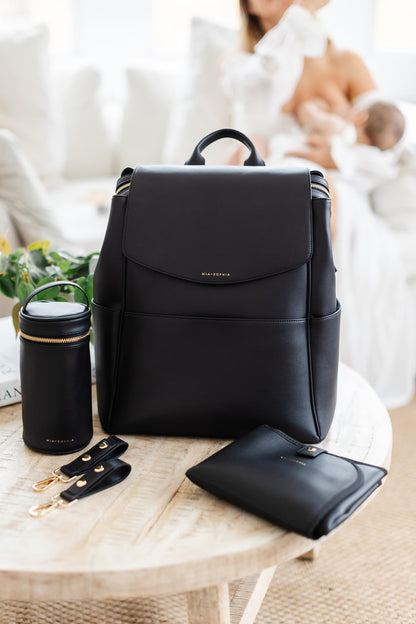 Leather Diaper Bag Backpack with USB Charging port, Changing Pad, Stroller Straps, and Bottle Holder (Brown Olivia)