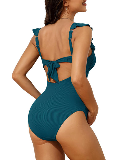 Charmo Ruffle Maternity Bathing Suits for Women Ribbed Tie Knot Maternity Swimsuit Cutout Ruched Pregnancy Swimwear