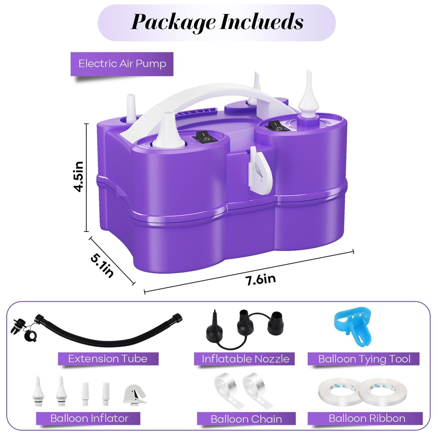 Electric Balloon Pump, 3-in-1 Portable Air Pump for Inflatables and Balloons, Dual Nozzle Balloon Blower Machine for Latex 260q Foil Balloons 110V Inflator Deflator for Pool Floats Air Mattress