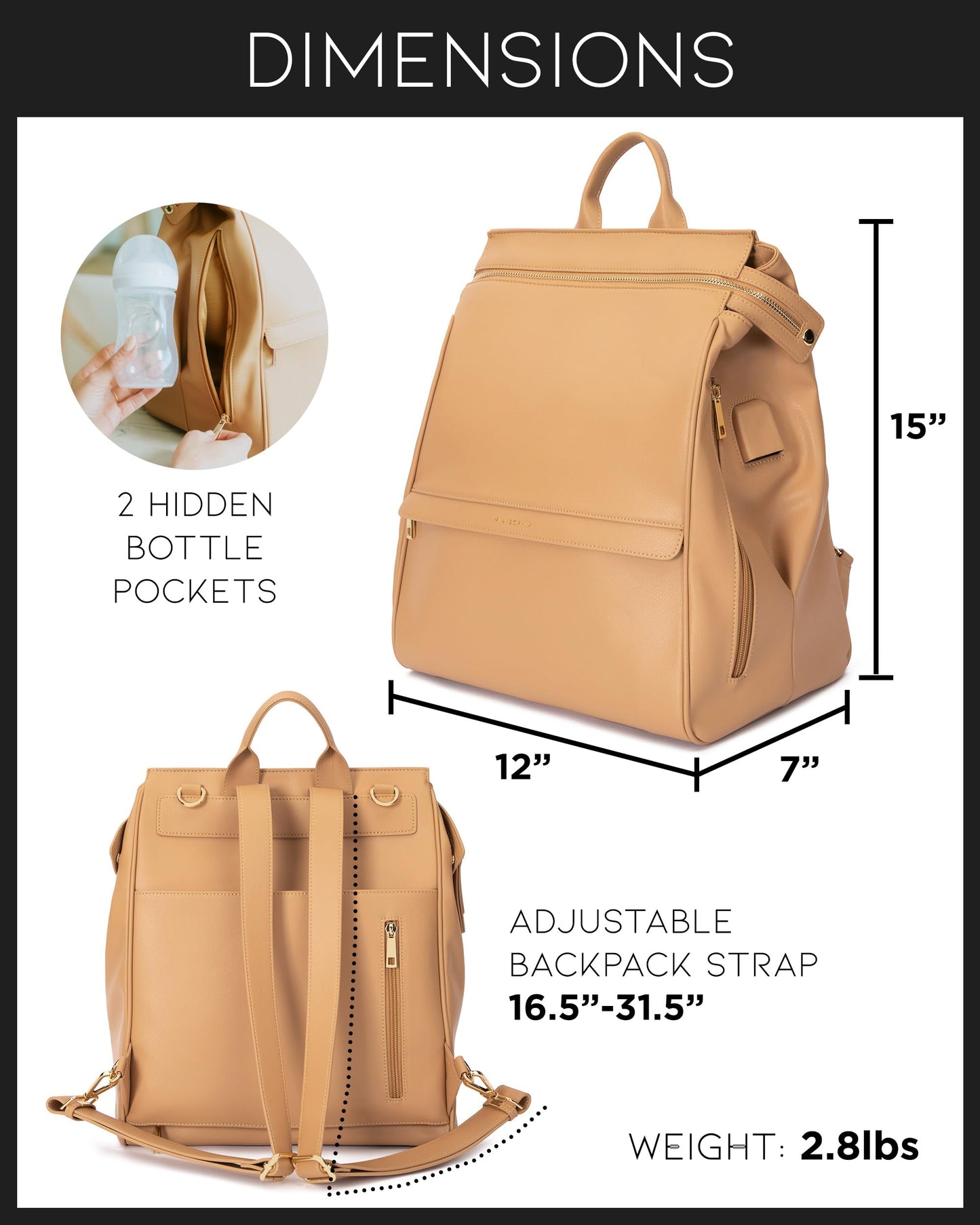 Leather Diaper Bag Backpack with USB Charging port, Changing Pad, Stroller Straps, and Bottle Holder (Brown Olivia)