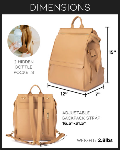 Leather Diaper Bag Backpack with USB Charging port, Changing Pad, Stroller Straps, and Bottle Holder (Brown Olivia)