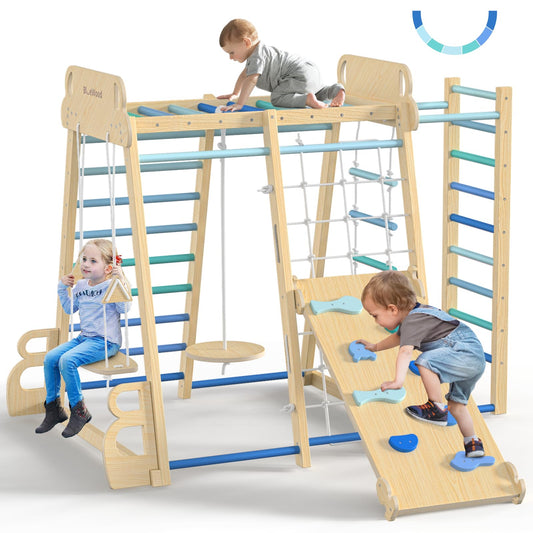 Upgraded Indoor Playground 9-in-1 Jungle Gym Kids Climbing Toys, Montessori Philosophy Waldorf Style Wooden Climber Playset with Slide, Swing, Monkey Bars, Upright/Rope Ladder, Climb Net, Rainbow