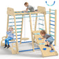 Upgraded Indoor Playground 9-in-1 Jungle Gym Kids Climbing Toys, Montessori Philosophy Waldorf Style Wooden Climber Playset with Slide, Swing, Monkey Bars, Upright/Rope Ladder, Climb Net, Rainbow