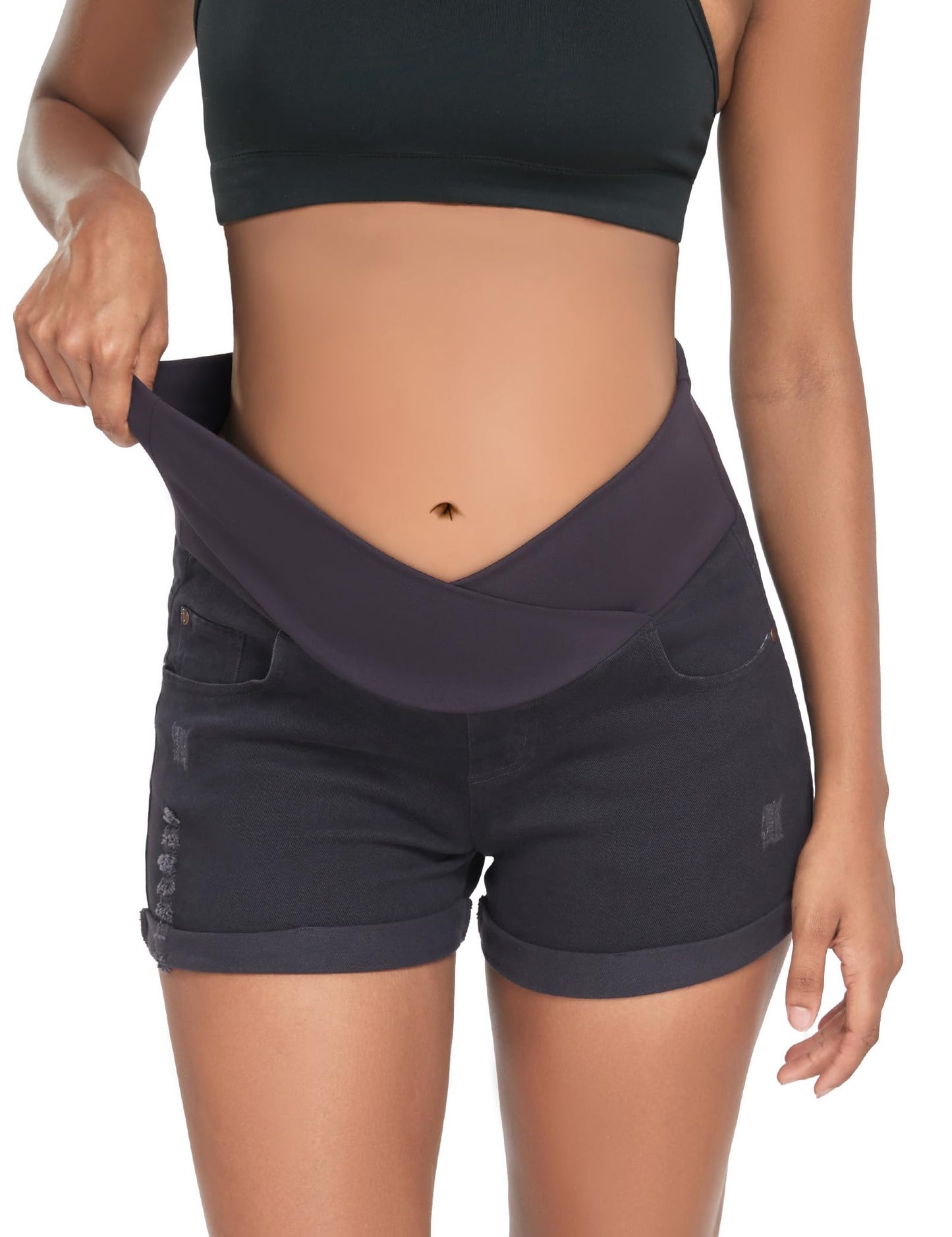HOFISH Women's Maternity Jeans Shorts Over The Belly Stretchy Comfy Denim Shorts Pants Casual Workout Pregnancy Shorts