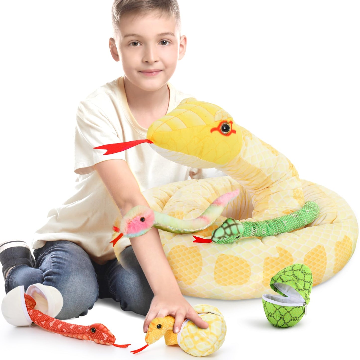 MorisMos Snake Stuffed Animals Plush Toy 120 Inch Giant Snake Plush with Babies Stuffed Snake Toys for Kids Plush Party Decorations Favors Prank Props, 4 Snake Babies, 3 Snake Eggs