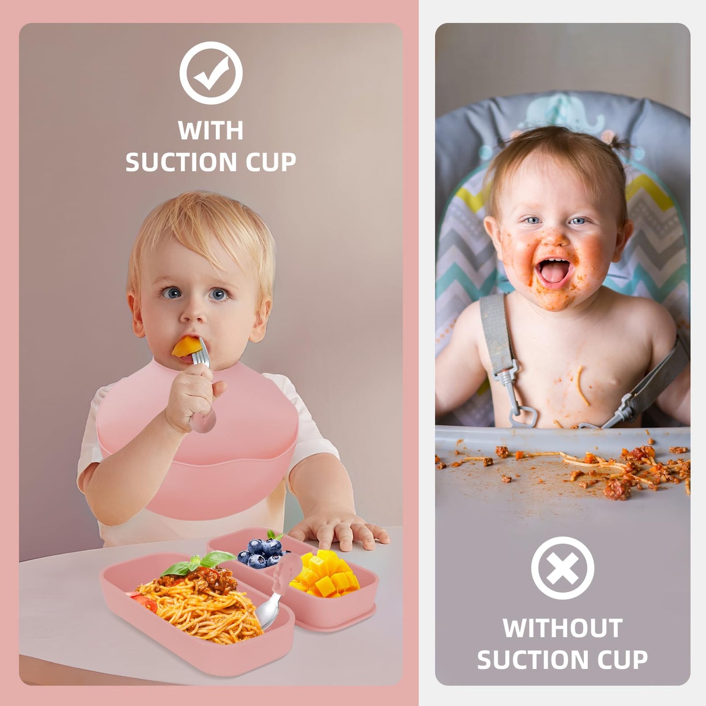 Travel Silicone Baby Feeding Set with 316 Stainless Steel Spoon & Fork ,Silicone Suction Plates, Foldable Bib, Storage Bag - Portable Infant Toddler Utensils, 6-Piece BPA-Free Dishware Kit（gray）