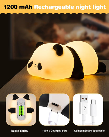 Recolte Panda Night Light for Kids - 3-Level Dimmable, Rechargeable LED Silicone Lamp | Squishy Nursery Light with Timer | Safe Night Light for Baby Room & Toddlers (Gift Box Included)