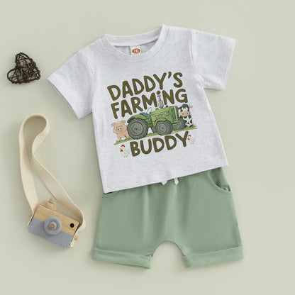 Pudcoco Toddler Baby Boys Girls Summer Clothes Farm Animal Outfit Short Sleeve T-shirt and Solid Color Shorts Set