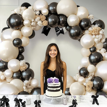 Black And White Balloon Arch Kit, Double Stuffed White And Black Balloons Garland Pearl White Sand Black Latex Balloons Different Size for Wedding Coquette Birthday Party Decorations