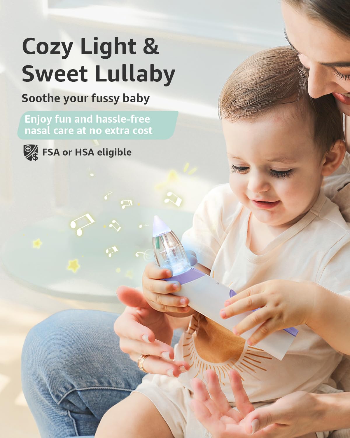GROWNSY Nasal Aspirator for Baby, Electric Nose Aspirator for Toddler, Baby Nose Sucker, Automatic Nose Cleaner with 3 Silicone Tips, Adjustable Suction Level, Music and Light Soothing Function