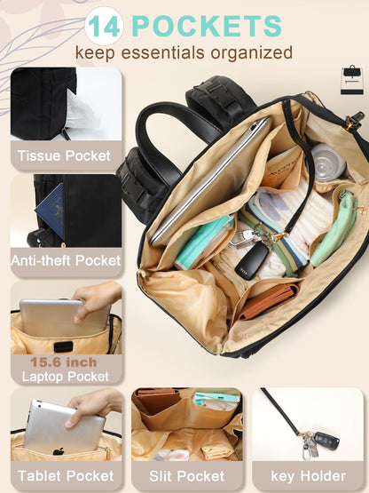 MOMINSIDE Diaper Bag Backpack - Large Baby Diaper Bag with 14 Pocket, Leather & Nylon Travel Diaper Backpack for Mom, Breast Pump Bag, Removable Cooler Compartment, Double Layer, Black