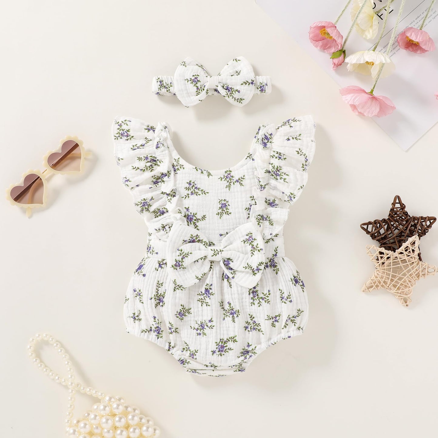 YOUNGER TREE Newborn Baby Girl Clothes Ruffle Sleeve Rompers Infant Backless Floral Jumpsuit Summer Outfits with Headband