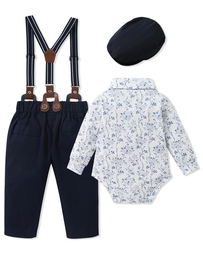 WESIDOM Baby Boy Clothes 0-18M Newborn Infant Gentleman Outfit, Shirt+Bowtie+Beret+Suspender Pant Baby boy Suit Clothing Set