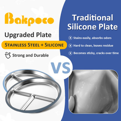Stainless Steel Baby Plate with Suction, 9” Divided Toddler Plates with Removable Silicone Sleeves for Kids, Non-Toxic Non-Slip Unbreakable Dishwasher Safe Dinnerware Set of 2, Pink & Beige
