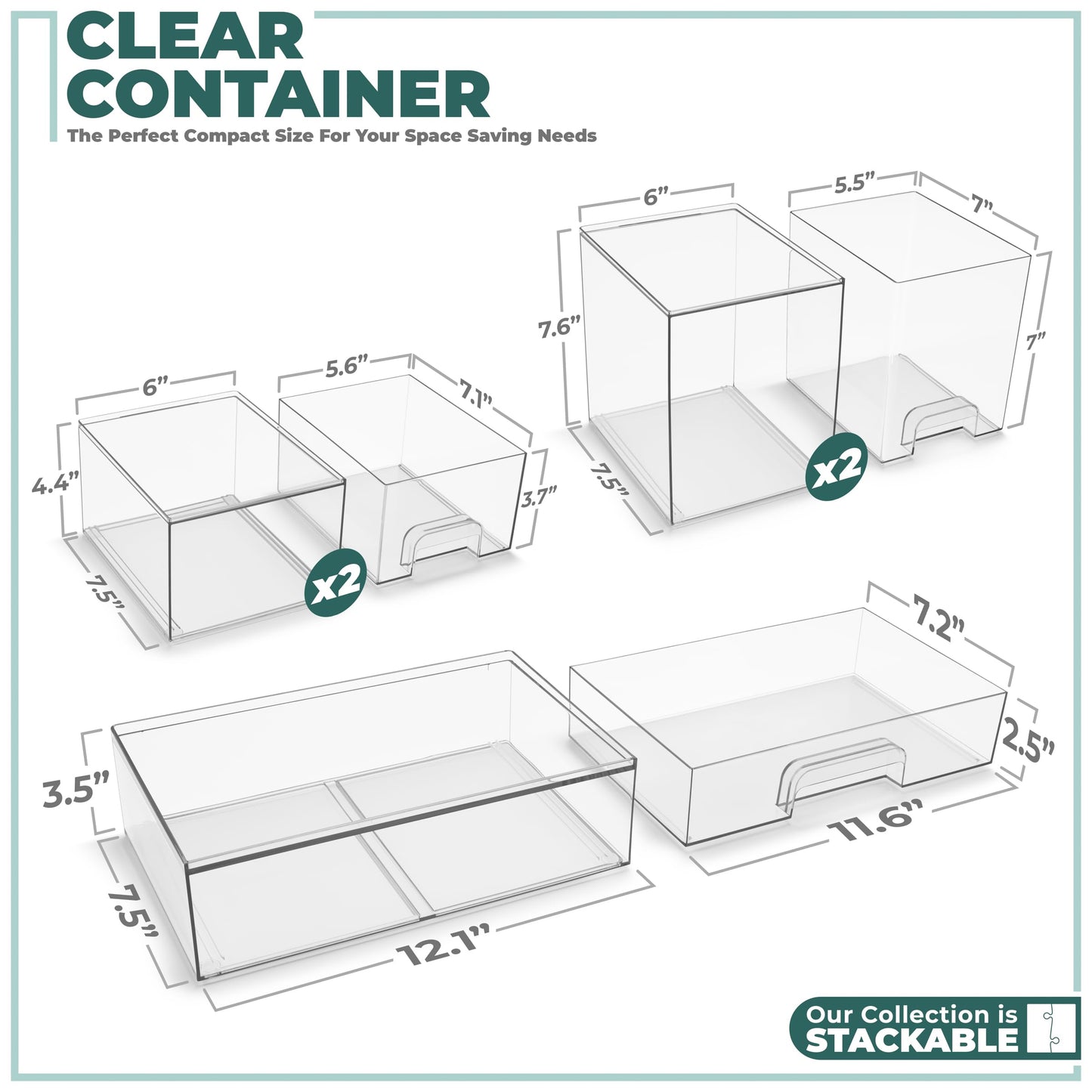 Sorbus Acrylic Storage Containers - 2 Pack, Stackable Storage Bins Set for Bathroom Organization - Clear Acrylic Drawer Organizers - Makeup Case Pull-Out Drawers (7.6’’ and 4.4’’ Tall)