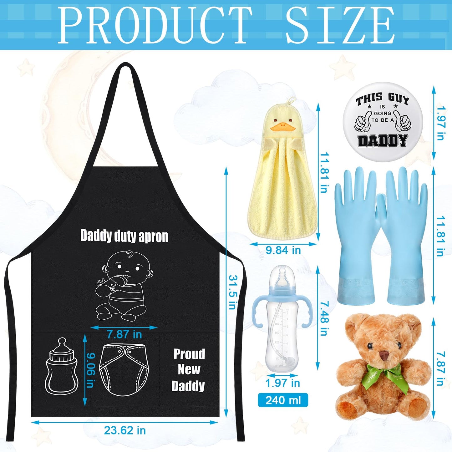 7 Pcs Daddy Duty Apron Diaper Duty Apron New Dad Gifts for Baby Shower Gender Reveal First Time New Dad Gifts (Black,Classic)