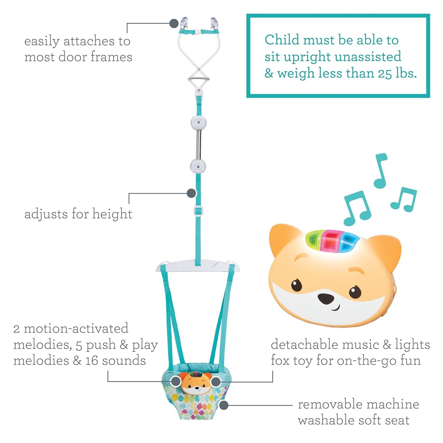 Infantino 2-in-1 Music & Lights Doorway Jumper - Engaging Activity Jumper with Motion-Activated Sounds for Babies, Fox