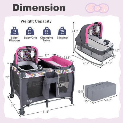 BABY JOY 5 in 1 Pack and Play, Portable Baby Playard w/Bassinet & Diaper Changing Table, Infant Pink Bassinet Crib with Toys & Music & Oxford Bag for Baby Girl Toddlers (Pink + Purple, Starry Sky)