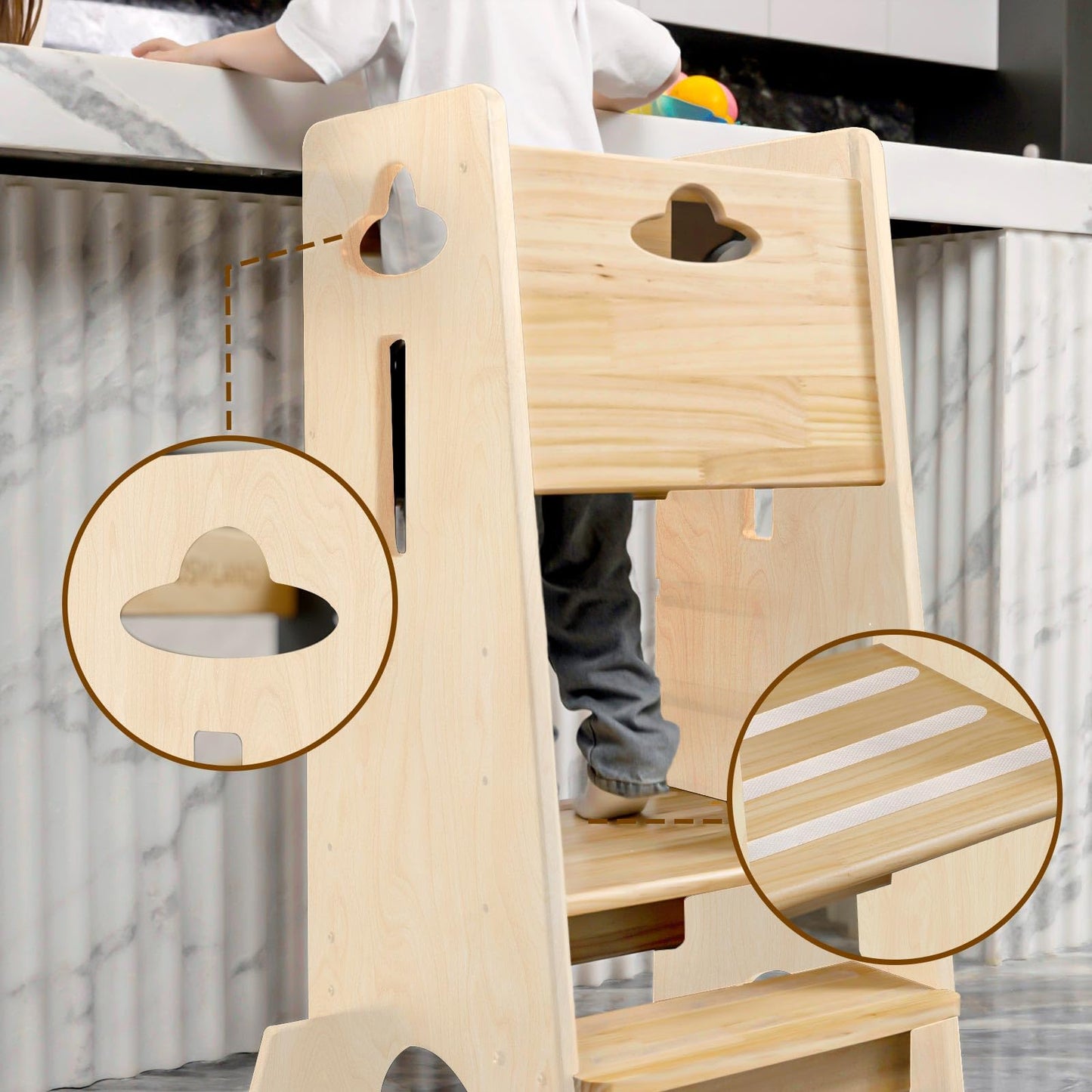 COSYLAND Toddler Standing Tower Adjustable Height - Super Stable Kids Kitchen Stool Helper - 3 Levels Adjustable Wooden Toddler Kitchen Stool (Natural & Navy Blue)