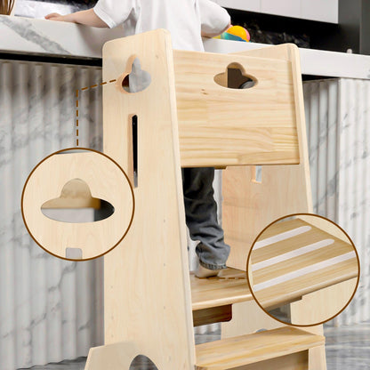 COSYLAND Toddler Standing Tower Adjustable Height - Super Stable Kids Kitchen Stool Helper - 3 Levels Adjustable Wooden Toddler Kitchen Stool (Natural & Navy Blue)