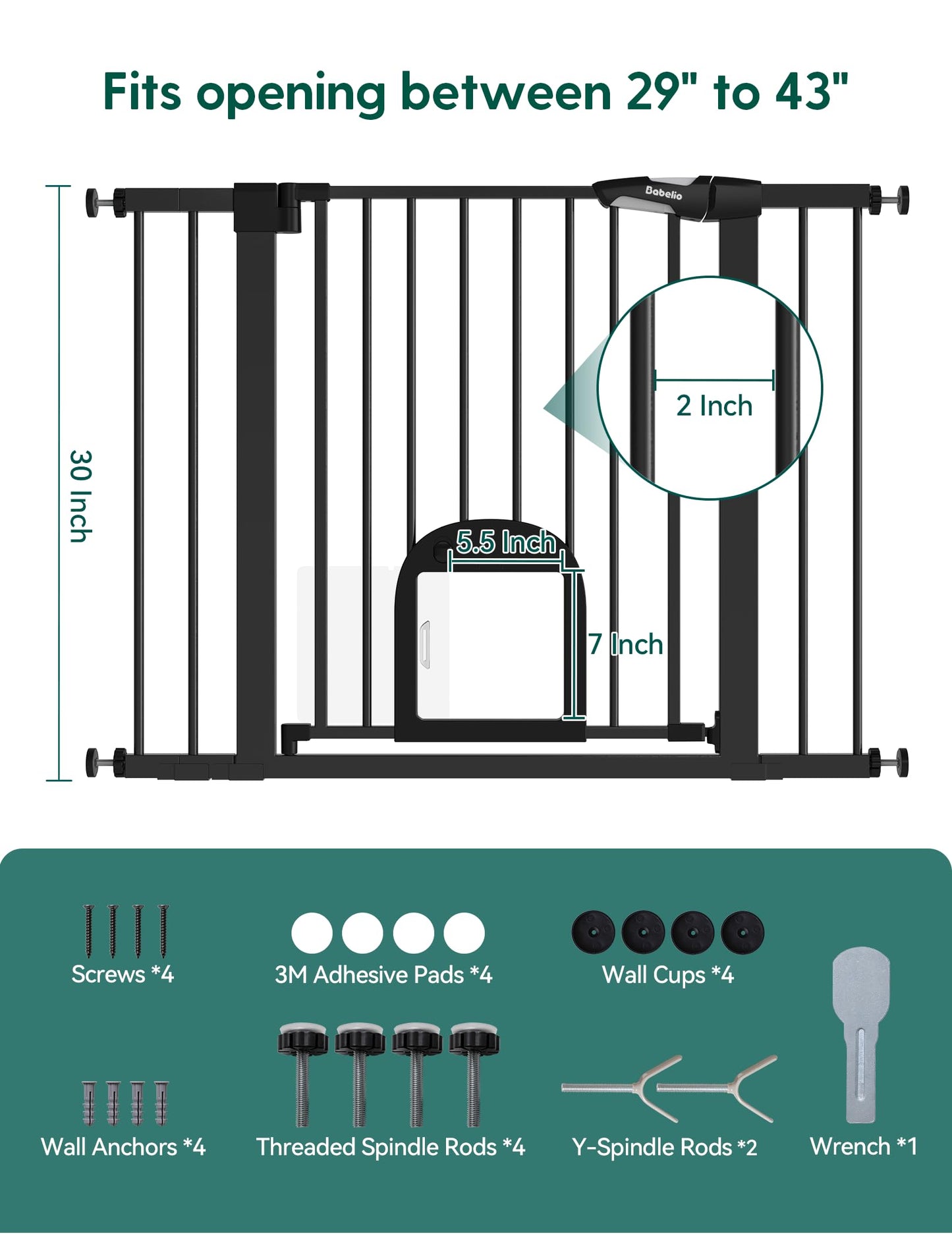 Babelio Upgraded Baby Gate with Cat Door, 29-43" Auto Close Durable Dog Gate for Stairs, Doorways and House, Easy Walk Thru Safety Gate with Pet Door Includes 4 Wall Cups, Black