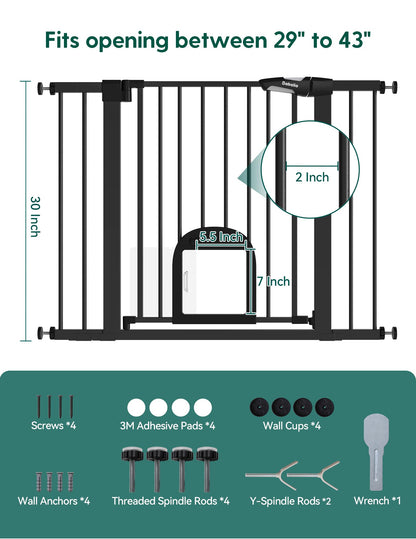 Babelio Upgraded Baby Gate with Cat Door, 29-43" Auto Close Durable Dog Gate for Stairs, Doorways and House, Easy Walk Thru Safety Gate with Pet Door Includes 4 Wall Cups, Black