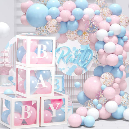 Baby Boxes with Letters for Baby Shower Decorations, Gender Reveal with 4 Pastel Balloon Boxes