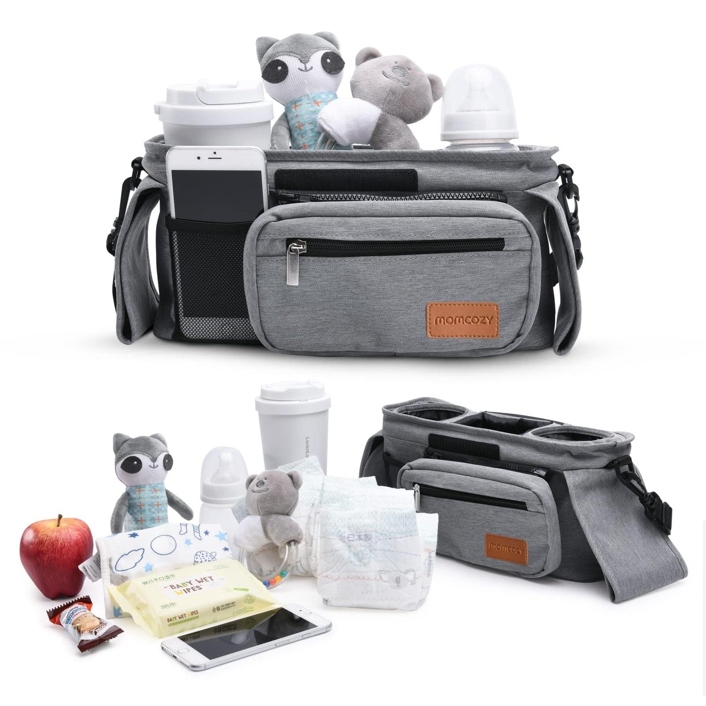 Momcozy Universal Stroller Organizer, 2 Insulated Cup Holders, Removable Zip Pocket, Adjustable Straps, Large Capacity Baby Essentials Compact Design, Fits Any Stroller (Multicolor)