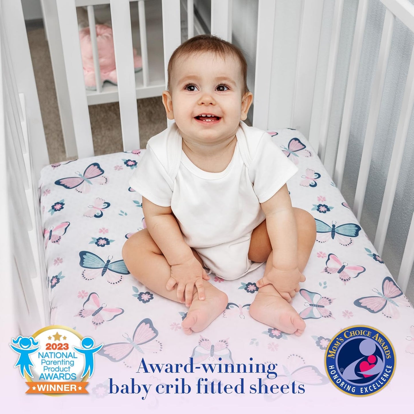 Butterfly Crib Bedding Set for Girls - 5 Pieces Including Baby Girl Blanket, 2 Crib Sheets, Crib Skirt, and Purple Butterfly Wall Sticker - White & Pink - Butterfly Nursery Decor