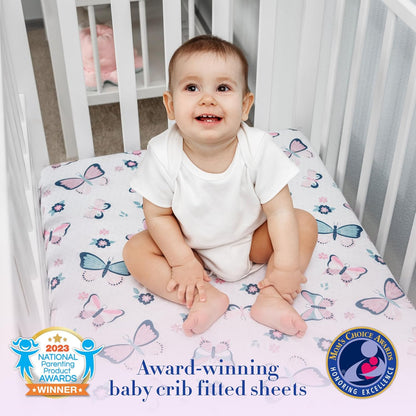 Butterfly Crib Bedding Set for Girls - 5 Pieces Including Baby Girl Blanket, 2 Crib Sheets, Crib Skirt, and Purple Butterfly Wall Sticker - White & Pink - Butterfly Nursery Decor