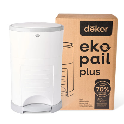 Diaper Dekor EKO Plus Diaper Pail Gift Set, White | ONLY Eco-Friendly Diaper Pail Made with 70% Recycled Materials | Comes with up to a Year's Supply Worth of Diaper Dekor Refills!