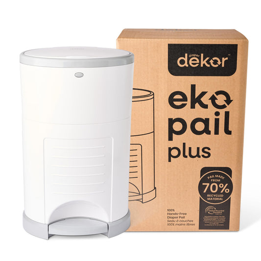 Diaper Dekor EKO Plus Diaper Pail Gift Set, White | ONLY Eco-Friendly Diaper Pail Made with 70% Recycled Materials | Comes with up to a Year's Supply Worth of Diaper Dekor Refills!