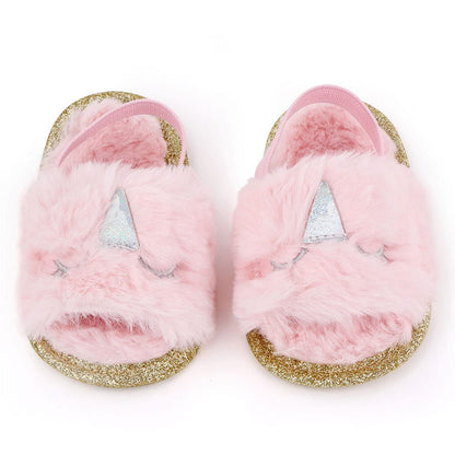 2 Pack Infant Baby Girls Sandals Elastic Back Strap Flats Slippers Soft Toddles Princess Shoes Faux Fur Slides Shoes First Walker House Shoes