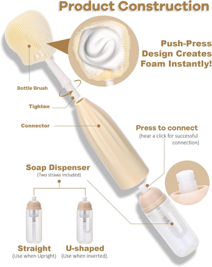 XANGNIER Baby Bottle Brush Kit with Press Foaming Dispenser & Drying Rack – Innovative Bottle Cleaner Set for Baby Bottles, Nipples, Breast Pumps, Straws & Baby Accessories，Newborn Essentials
