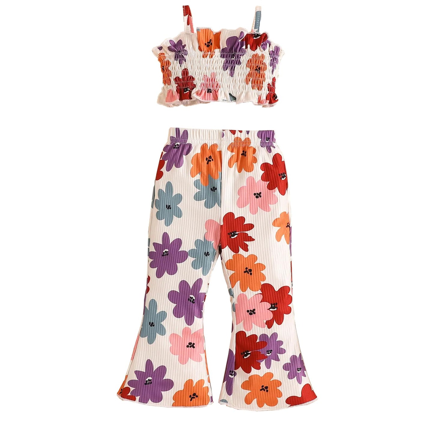 Toddler Baby Girl Boho Outfits Floral Ruffle Rib Sleeveless Halter Tops Bell Bottom 2Pcs Kids Summer Clothes Set