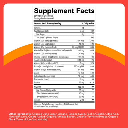 SmartyPants Kids Multivitamin Gummies: Omega 3 Fish Oil (EPA/DHA), Vitamin D3, C, Vitamin B12, B6, A, K & Zinc for Immune Support, Biotin, Gluten Free, Three Fruit Flavors, 120 Count (30 Day Supply)