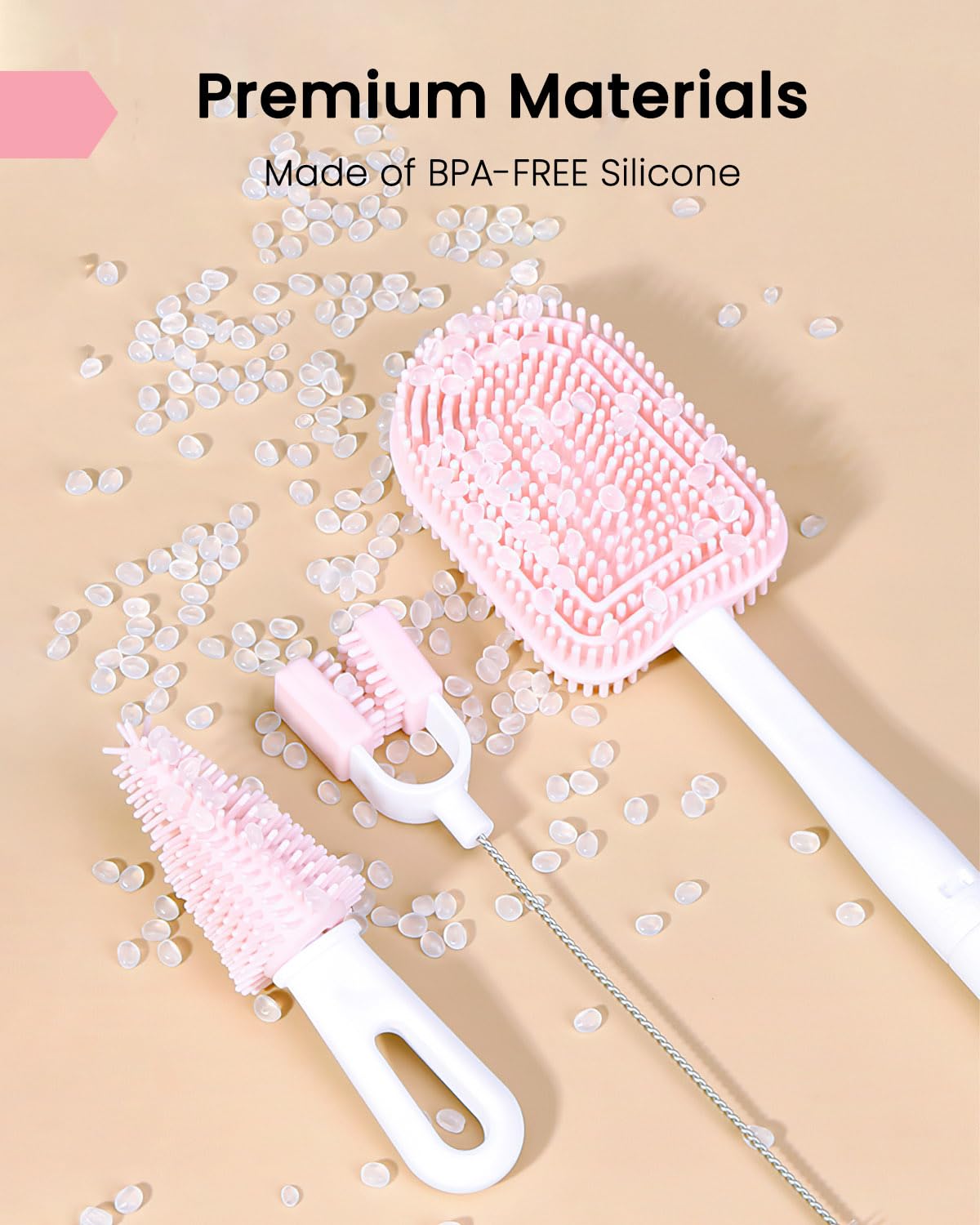 6-in-1 Travel Baby Bottle Brush Cleaning Kit, Travel Bottle Cleaner Kit with Silicone Bottle Brush, Nipple Brush, Straw Brush, Drying Rack, Dispenser, Organizer, Baby Travel Essential - Pink