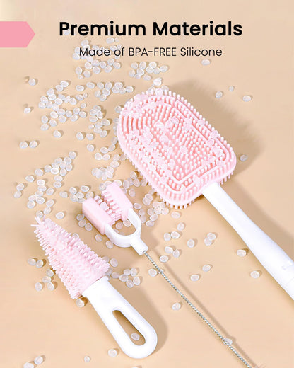 6-in-1 Travel Baby Bottle Brush Cleaning Kit, Travel Bottle Cleaner Kit with Silicone Bottle Brush, Nipple Brush, Straw Brush, Drying Rack, Dispenser, Organizer, Baby Travel Essential - Pink
