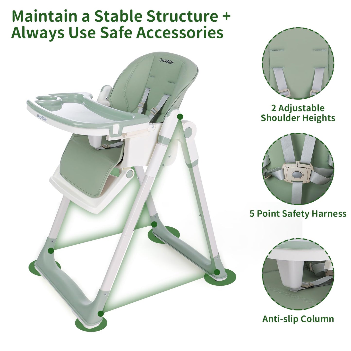 3-in-1 Foldable High Chair for Babies & Toddlers – Adjustable Height, Reclining Seat, 5-Point Safety Harness, Removable Tray, Lockable Wheels and Washable Cushion, Beige