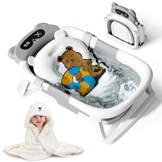 Collapsible Baby Bathtub for Newborn to Toddler (0-18 M) - Portable Baby Tub with Thermometer, Newborn Bathtub with Soft Towel and Floating Cushion (Brown)