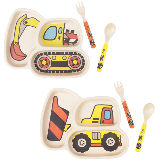 Kids Plate Set, Included Fork and Spoon 3-Piece Set - Toddler Dinnerware Dinner Dish Set - Baby Feeding Divided Plate - Child Portion Control Dish Tray (Excavators)