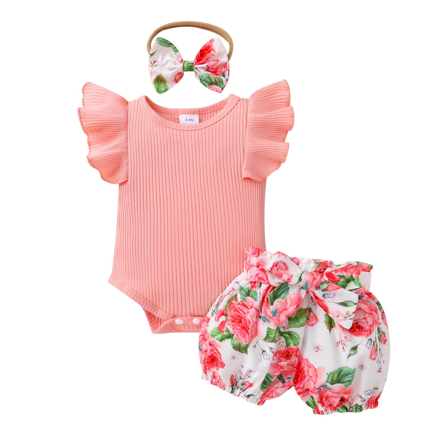 Tiny Cutey Baby Girl Clothes Infant Summer Outfits Set Ruffle Sleeve Romper and Floral Shorts with Headband