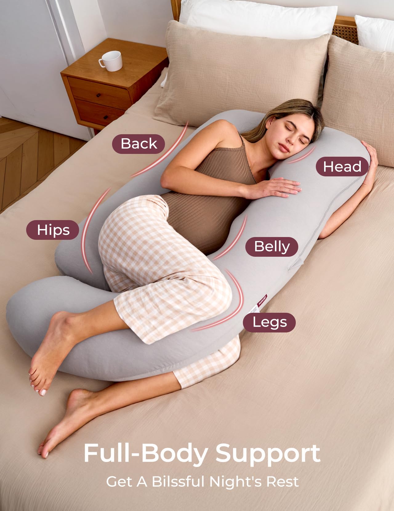Momcozy Pregnancy Pillows for Sleeping, U Shaped Full Body Maternity Pillow with Removable Cover - Support for Back, Legs, Belly, HIPS for Pregnant Women, 57 Inch Pregnancy Pillow for Women, Grey